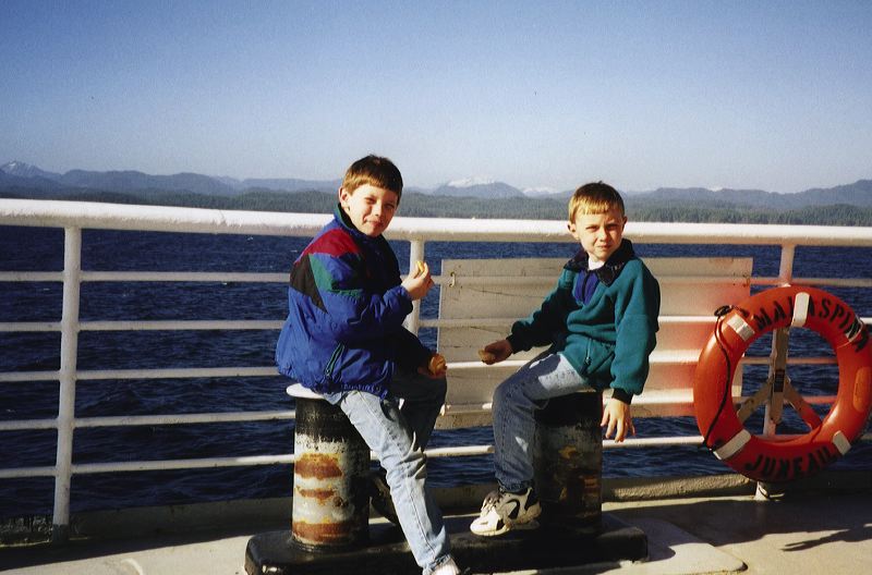 Everett & Ethan Cook play on Malaspina deck in 1997 near Ketchikan, Alaska